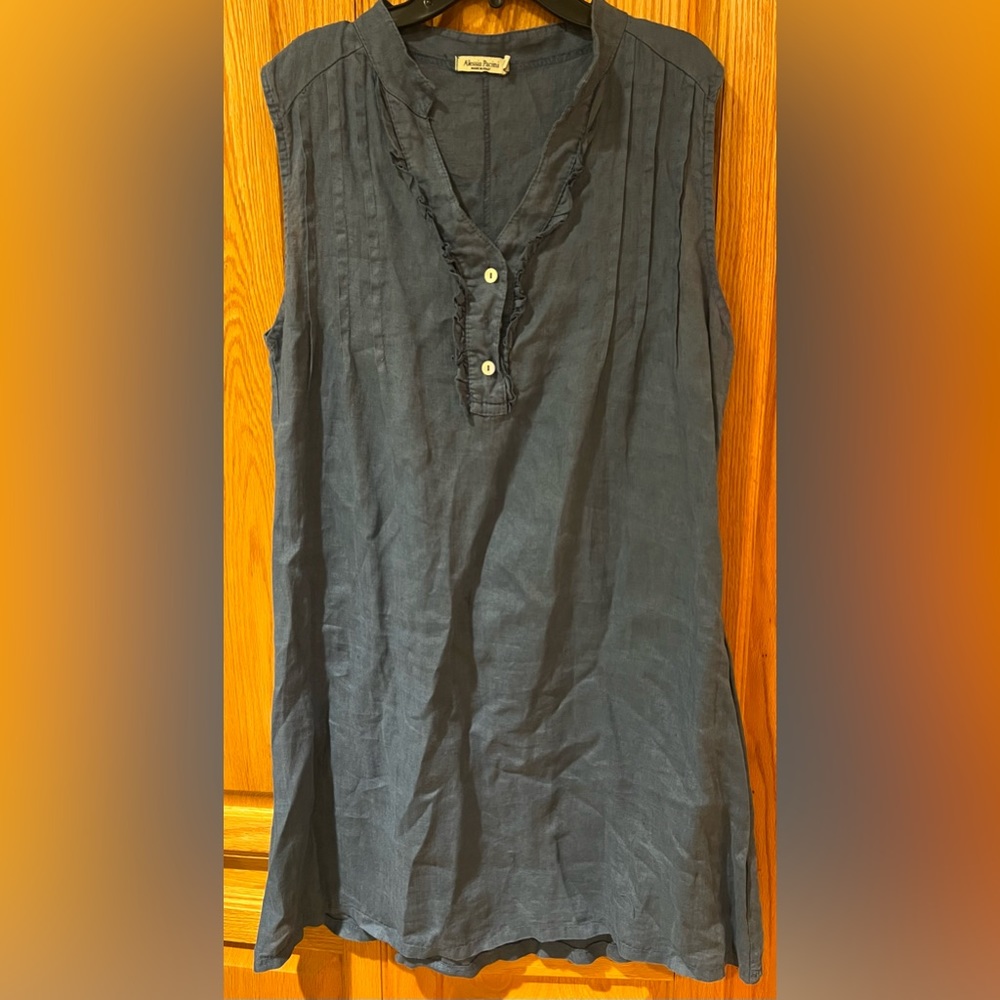 Alessia Pacini Blue Linen Ruffled V-Neck‎ Shift Dress Made in Italy Size Medium